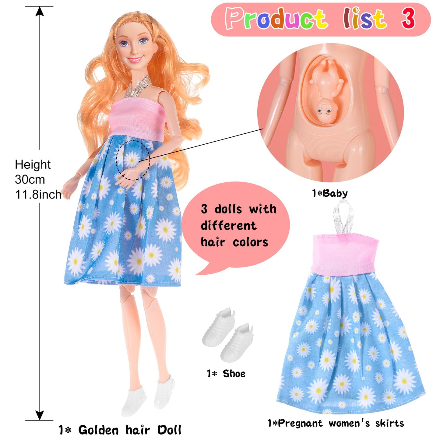 dollbie 3-Pack 11.5 inch Pregnant Dolls - Fashion Dolls with Interchangeable Pregnant and Normal Bellies - Includes 3 Dolls, 3 Dresses, 3 Babies