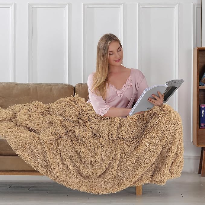 Tuddrom Decorative Extra Soft Faux Fur Blanket Queen Size 80" x 90",Solid Reversible Fuzzy Fluffy Cozy Plush Fleece Comfy Microfiber Fur Blanket for Couch Sofa Bed,Camel