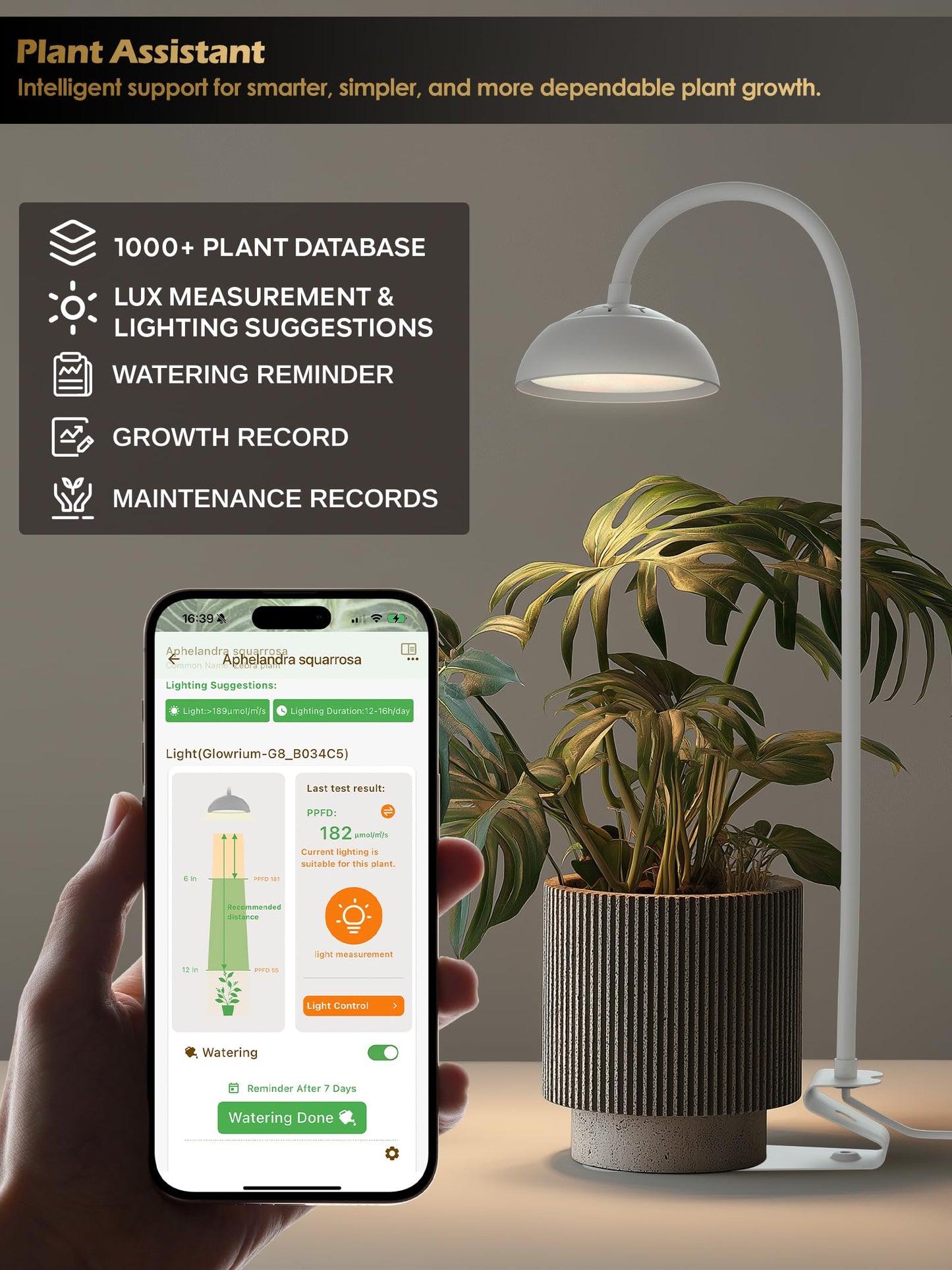 GLOWRIUM Smart Grow Lights for Indoor Plants,10W Full Spectrum LED Plant Light with 3/9/12 Timer,10 Dimmable Levels,Height Adjustable Grow Light with Base (White)