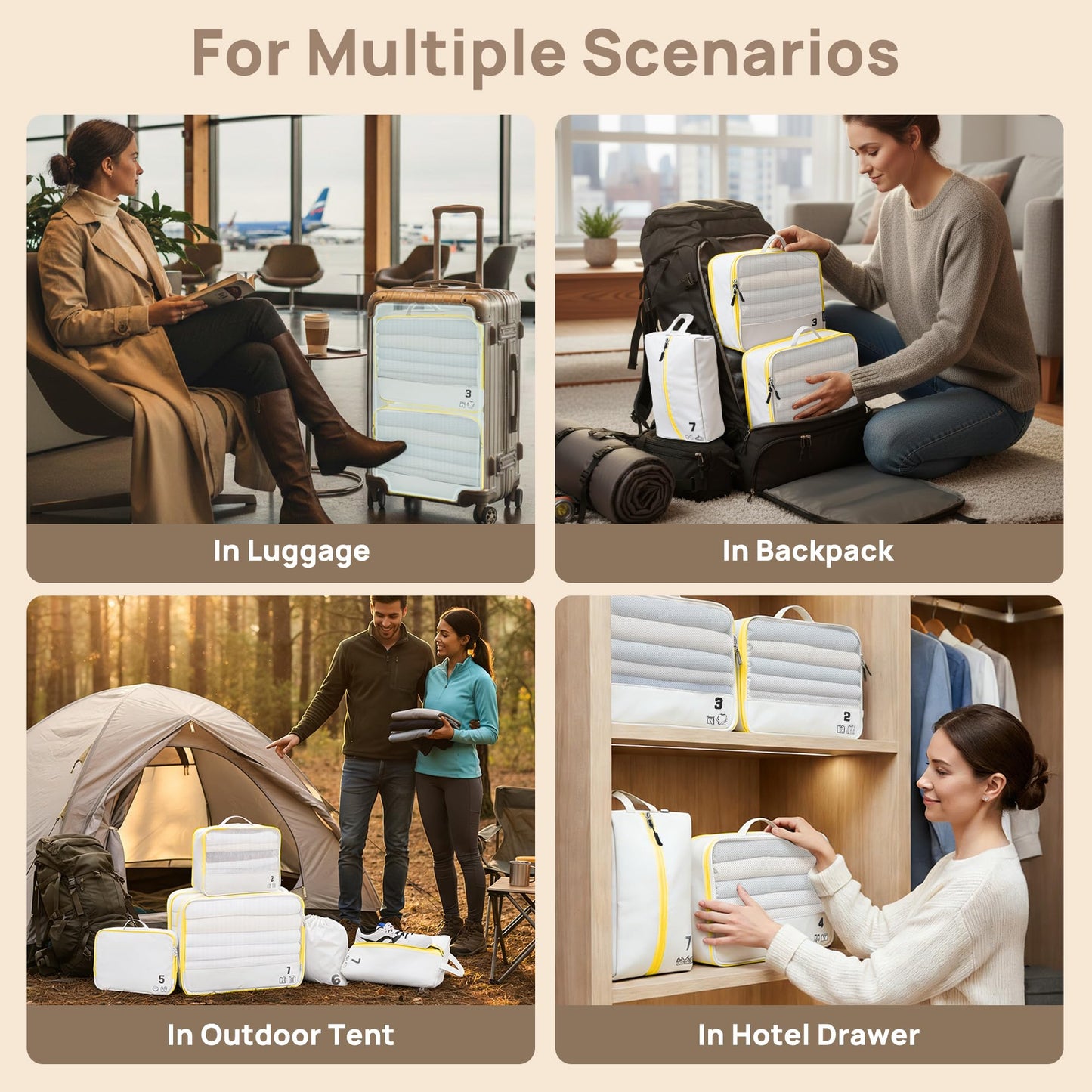7 Set Compression Packing Cubes Travel Accessories Expandable Packing Organizers (White)