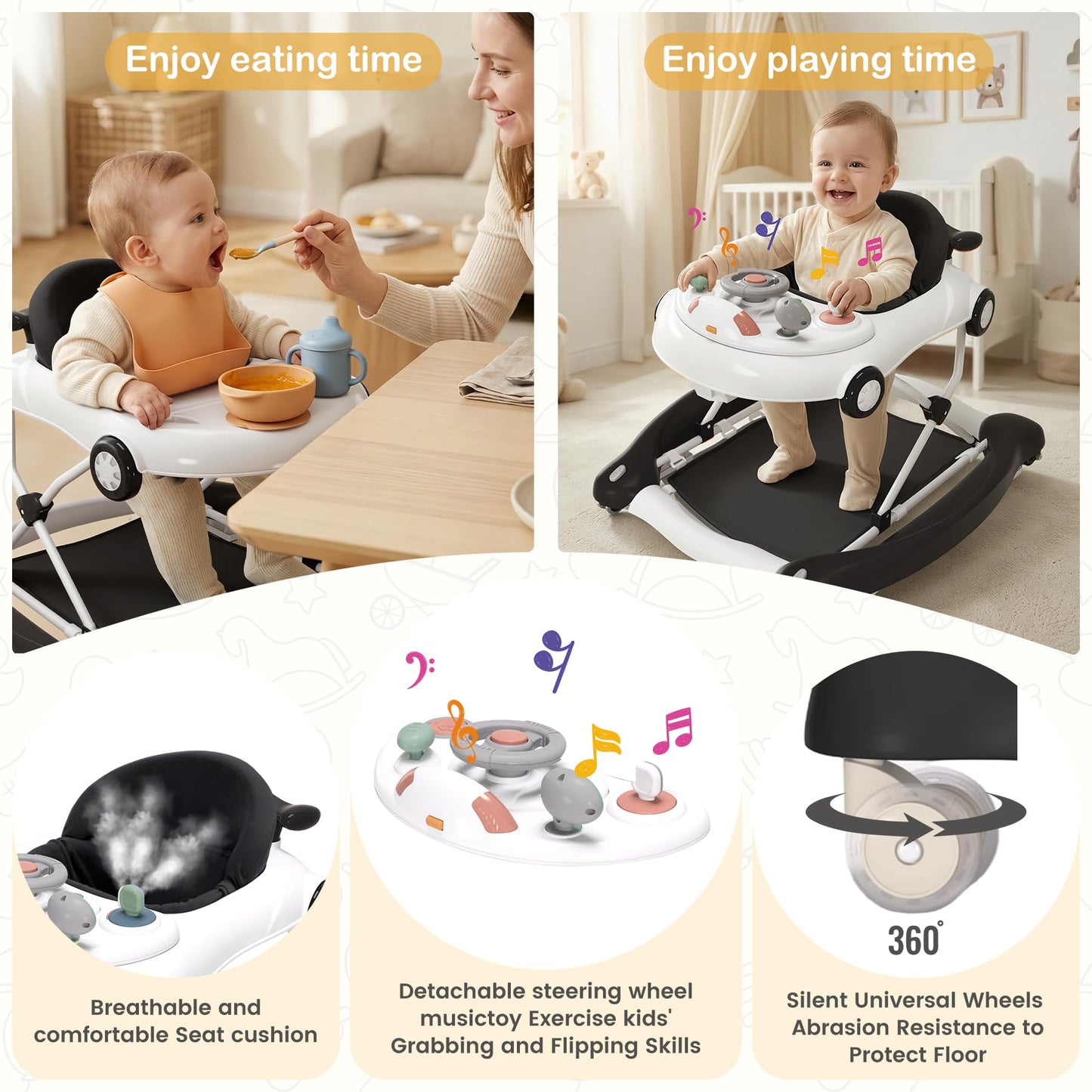 Baby Walker, 5-in-1 Baby Walker for Boys and Girls with Bouncer, Removable Footrest, Music, Foldable & Adjustable Speed Wheels Activity Walker for 6-18 Months Toddler Infant(Black)