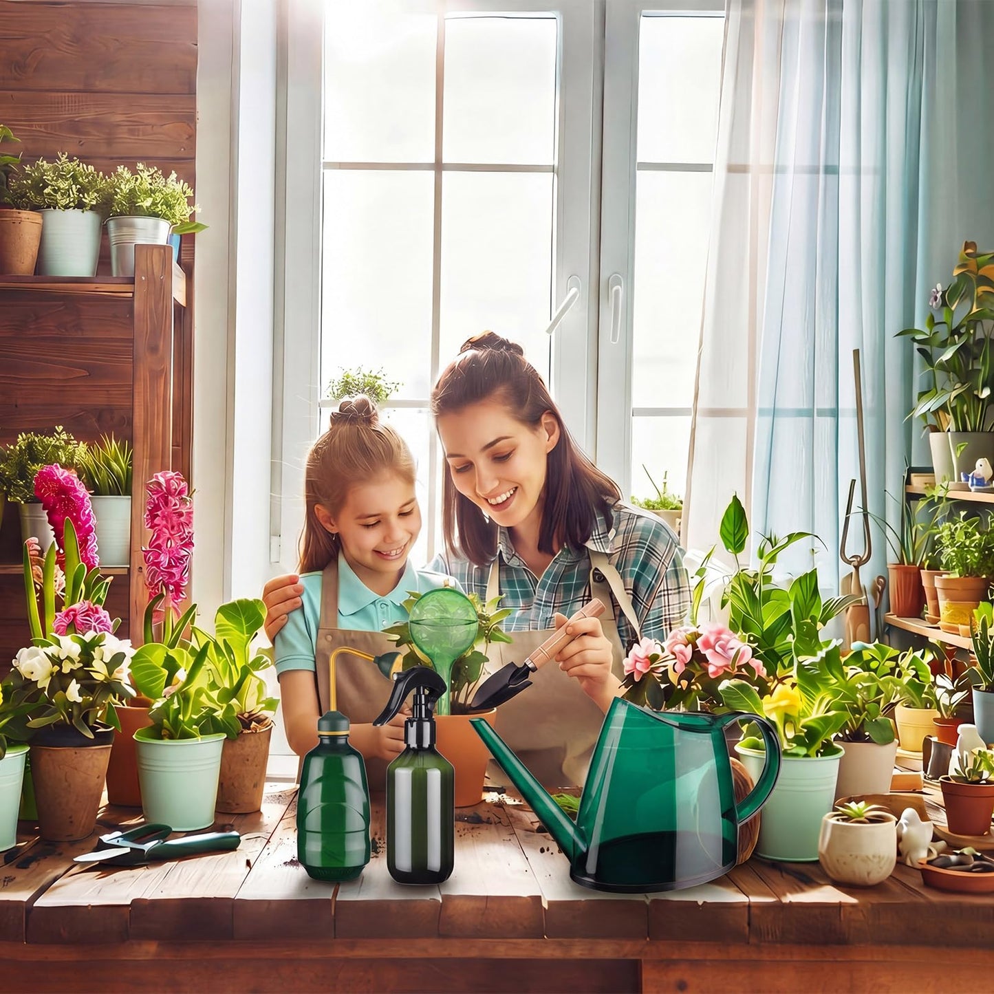 Ferrochef 13 Pcs Indoor Plant Can Set, 1/2 Gallon Watering Can, 17 oz Squeeze Bottle, 6.8 oz Spray Bottle, 6 Self Watering Globes, Gardening Tool Kit with Pruning Scissors for Plants (Green)