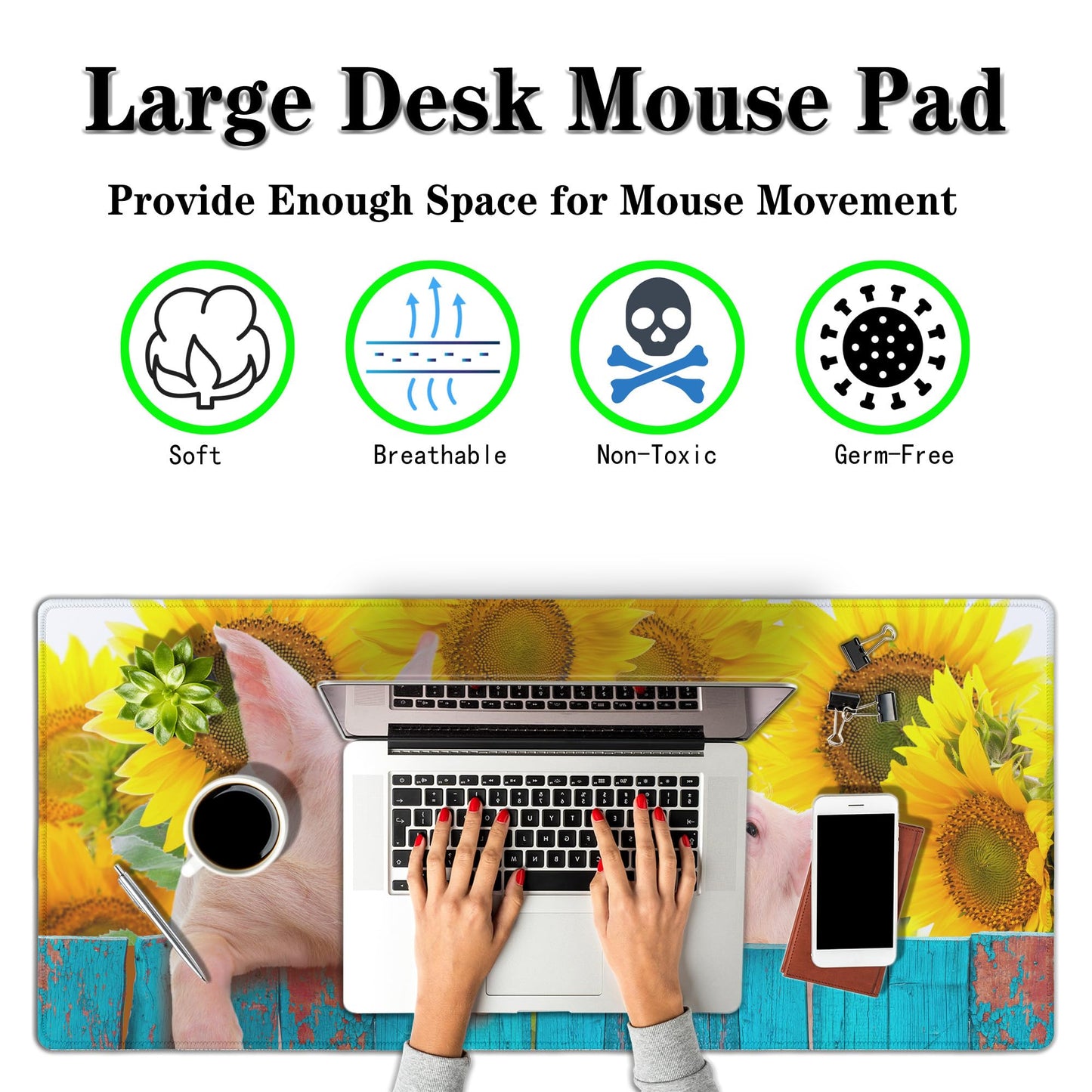 Samgula Keyboard Mat Yellow Blue Long Mouse Pad, Computer Mat Large Desk Pads, Big Desk Mat Non-Slip Rubber Base, 35.4 X 15.7 inch for Work/Game/Office/Home Funny Pig Hanging on A Fence. Studio Photo.