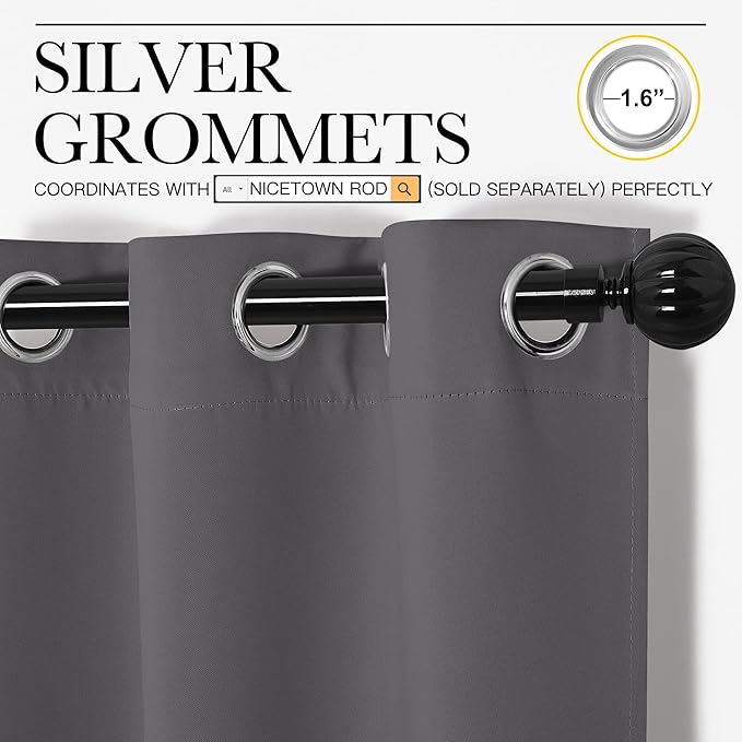 NICETOWN Bedroom Curtains Blackout Drapery Panels, Three Pass Microfiber Thermal Insulated Solid Ring Top Blackout Window Curtains/Drapes (Two Panels, 34 x 54 inches, Gray)