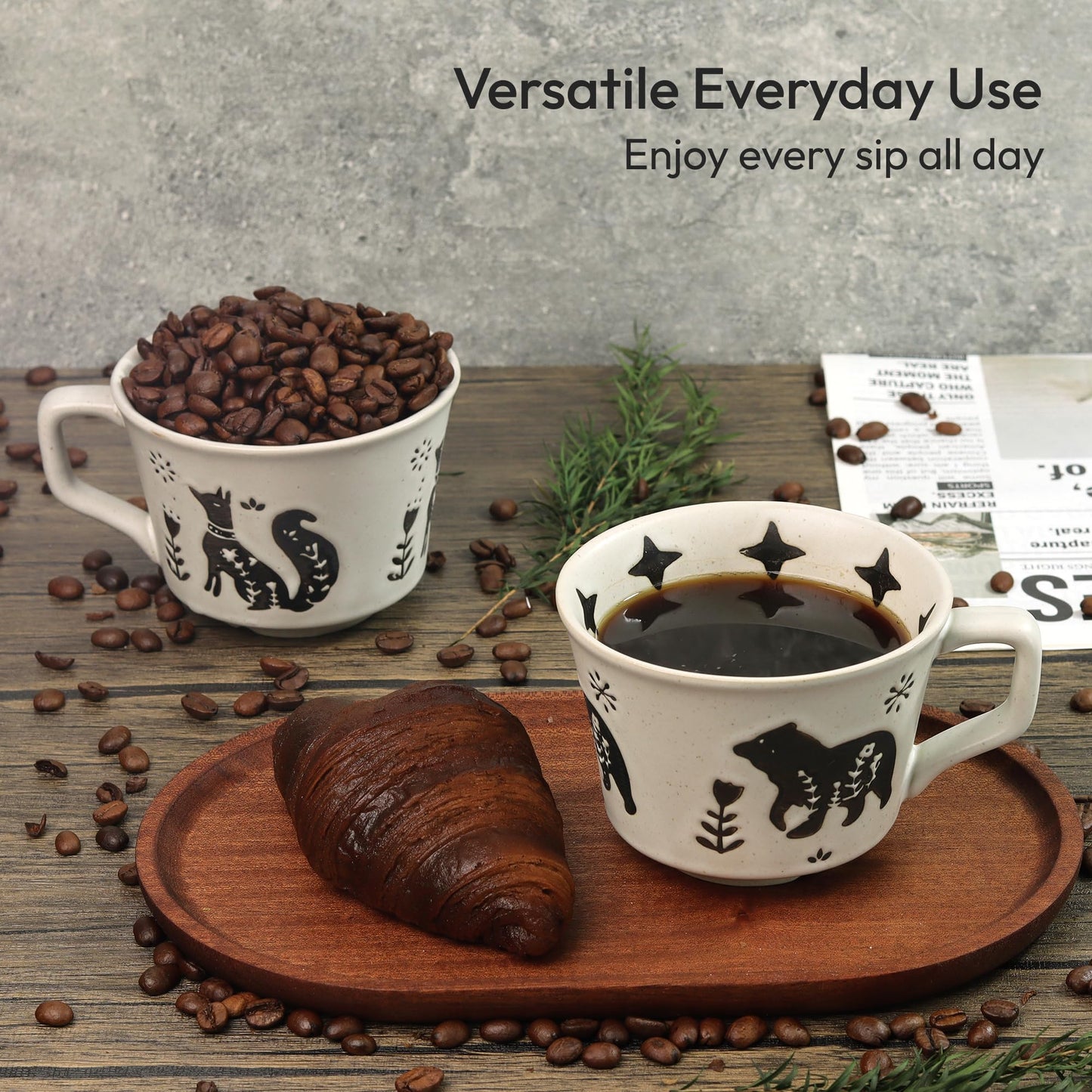 LINVIA Ceramic Coffee Mug, 11 oz Small Novelty Unique Teacup with Handle, Stoneware Cup for Tea Mocha Latte Cappuccino (Set of 4, Fox and Bear)