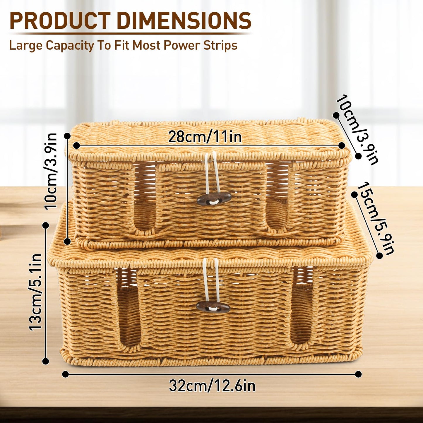 CENELO Cable Management Box - 2 Pack Cord Hider Organizer Boxs - Small & Medium Szie Power Cover Cord Box, Handwoven Rattan Cable Organizer for TV Computer USB Hub Power Strips & Cords