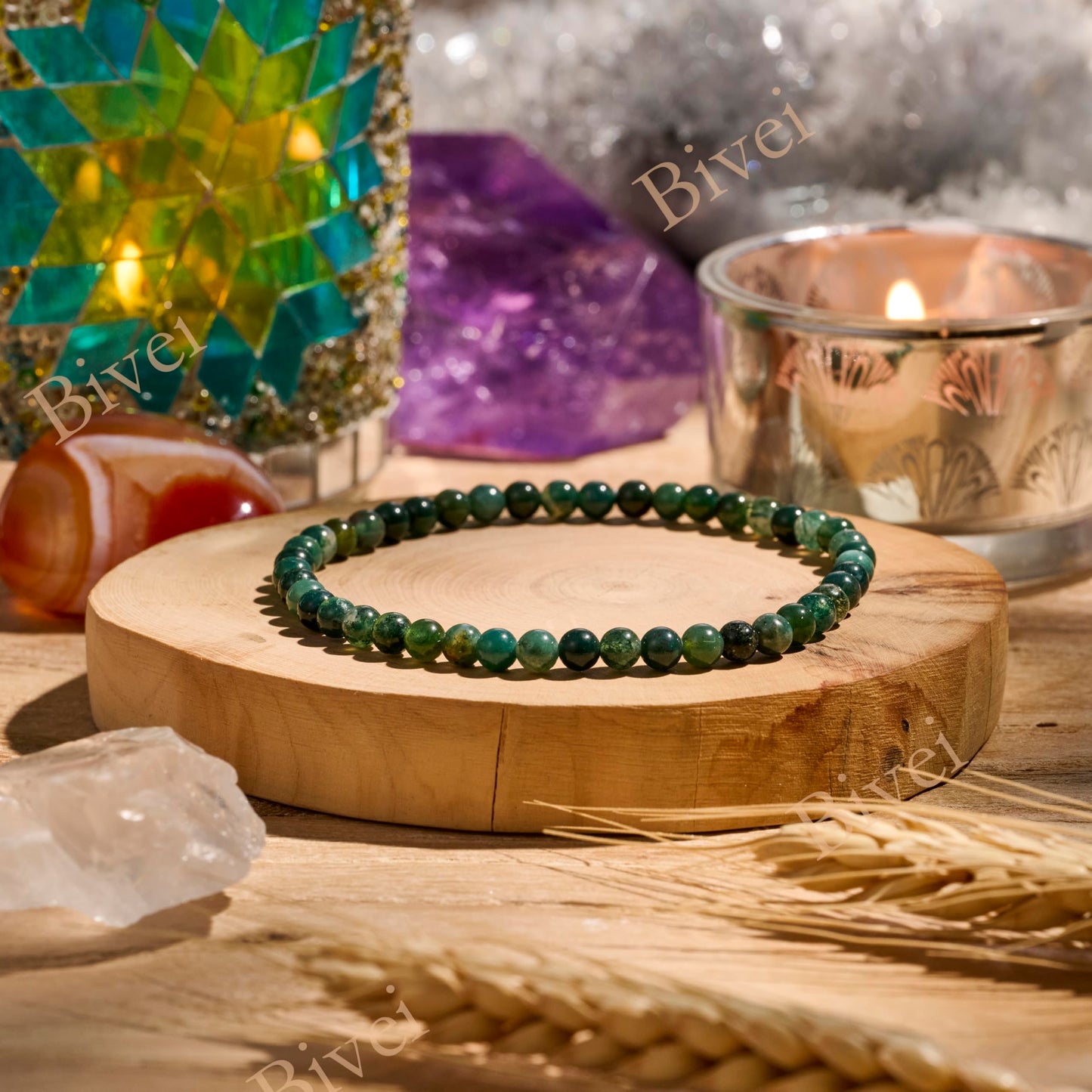 Bivei Moss Agate - Grounding - 4mm Beaded Bracelets for Women Handmade Semi Precious Natural Stone Stretch Elastic Jewelry Yoga Protection Gifts Small