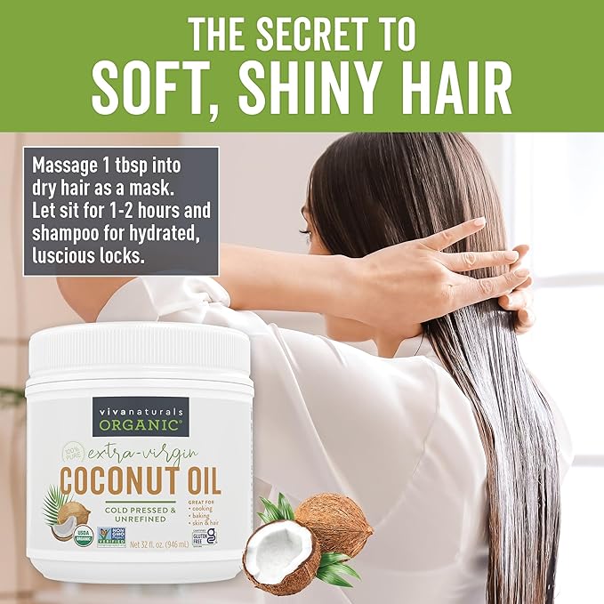 Viva Naturals Organic Coconut Oil, 32 fl oz – Unrefined, Cold-Pressed Extra Virgin Coconut Oil, USDA Organic & Non-GMO, Natural Cooking Oil, Hair Oil & Skin Oil