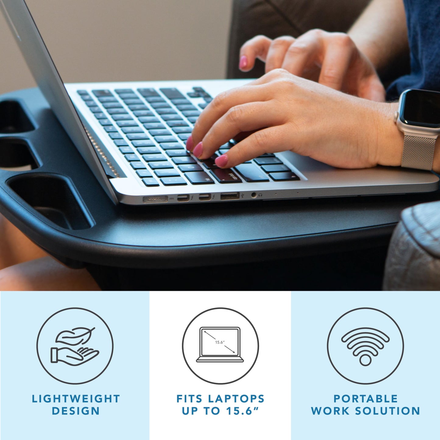LAPGEAR MyDesk Lap Desk with Device Ledge and Phone Holder - Black - Fits up to 15.6 Inch Laptops - Style No. 44448