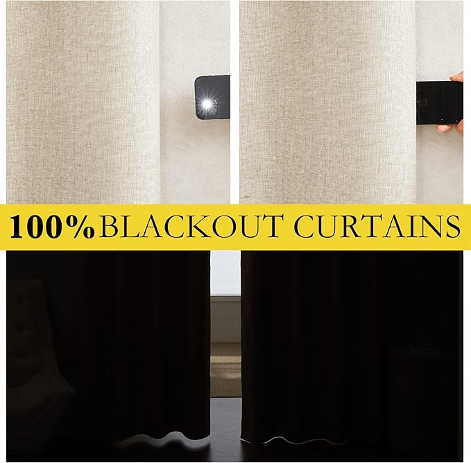 NICETOWN 100% Absolutely Blackout Linen Curtains with Thermal Insulated White Liner, 52" Wide, 2 Panels, 84 inches Long Drapes, Grommet Retro Beige Linen Curtains Vertical Drapes Privacy for Bedroom