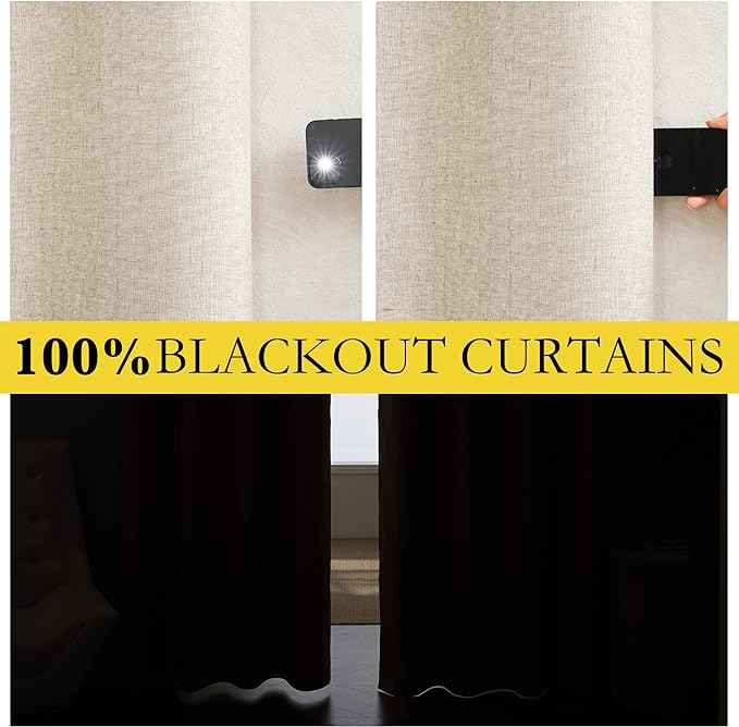NICETOWN 100% Absolutely Blackout Linen Curtains with Thermal Insulated White Liner, Beige, 52" Wide by 63" Long, 2 Pieces, Anti-Rust Grommet Natural Burlap Fabric Window Drapes for Bedroom/Kids Room