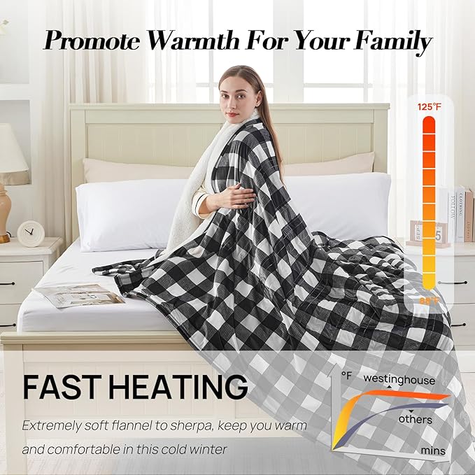 Westinghouse King Size Heated Blanket, Soft Flannel to Sherpa Electric Blanket with Dual Control 10 Heating Levels & 1 to 12 Hours Auto Off, Fast Heating, Machine Washable, 100 * 90 Inch, Black