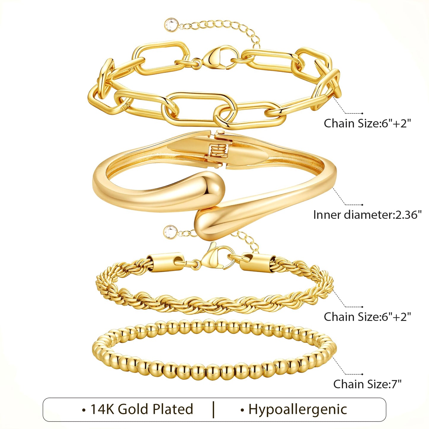 M MOOHAM Chunky Gold Bangle Bracelets for Women, Dainty 14k Gold-Plated Thicker Stackable Chain Bangles Cuff Bracelets Stack Set for Women Trendy Jewelry Gifts