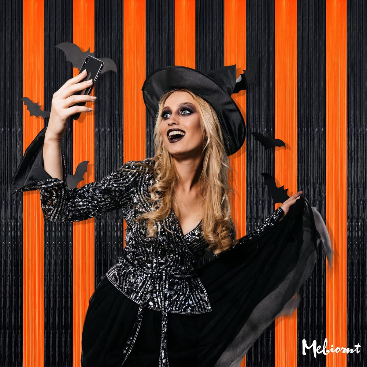 4 Pack Black Orange Fringe Curtain Backdrop, 3.2Ft x 6.6Ft Metallic Tinsel Foil Fringe Streamers Curtains Background for Photo Booth Birthday Baby Shower Party Thanksgiving Christmas Decorations