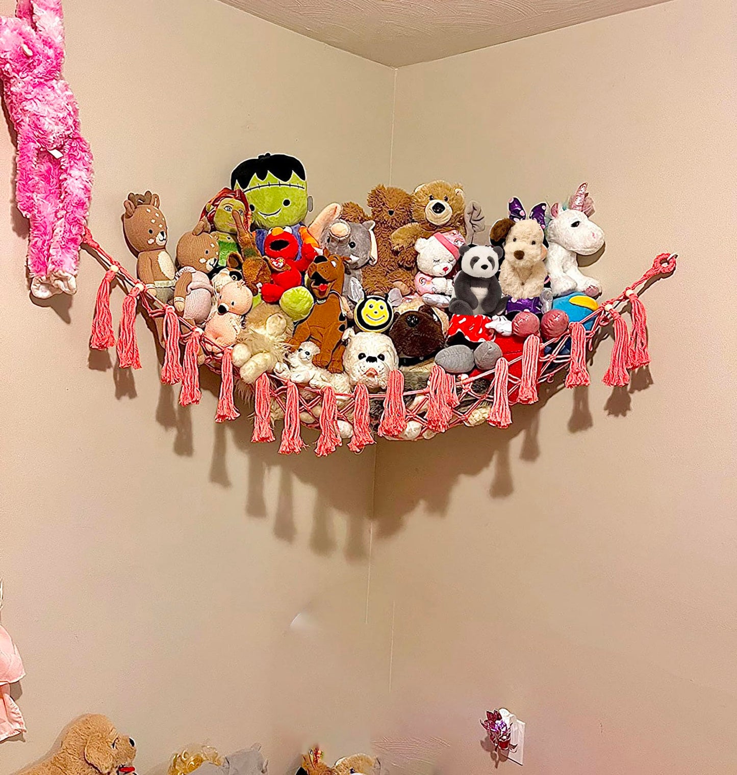 Stuffed Animal Storage Hammock Plush Stuff Toy Hanging Net Corner Organizer Decorations for Kids Bedroom Wall Home Decor (DarkPink)