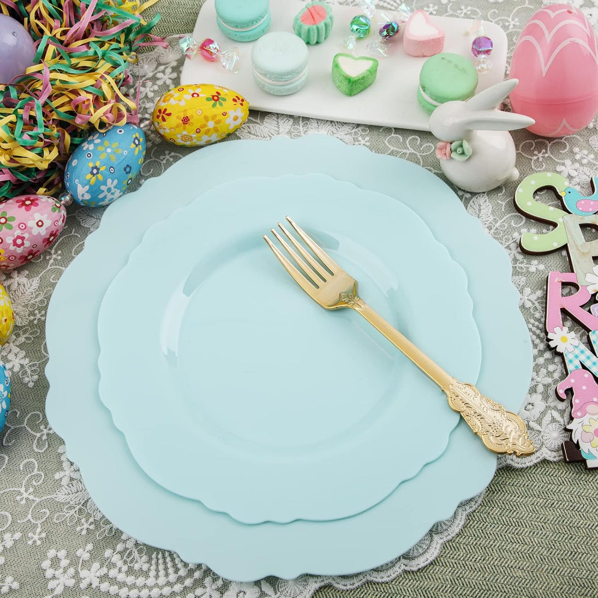 WDF 60pcs Mint Green Plastic Plates - Baroque Dinner Plates Including 30 Green Plates Disposable10.25inch, 30 Dessert Plates 7.5inch for Upscale Wedding, Parties