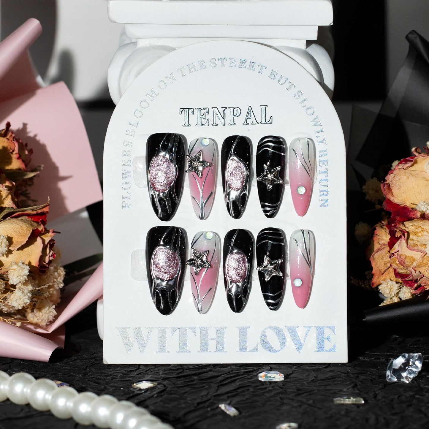 TENPAL Y2k Press on Nails long Stiletto,Black Star Charms Glitter Swirl, Soft Gel Fake Nails With Tools,Handmade Acrylic 10pcs/Box Pink False Nails With Air Brush Designs(XS)