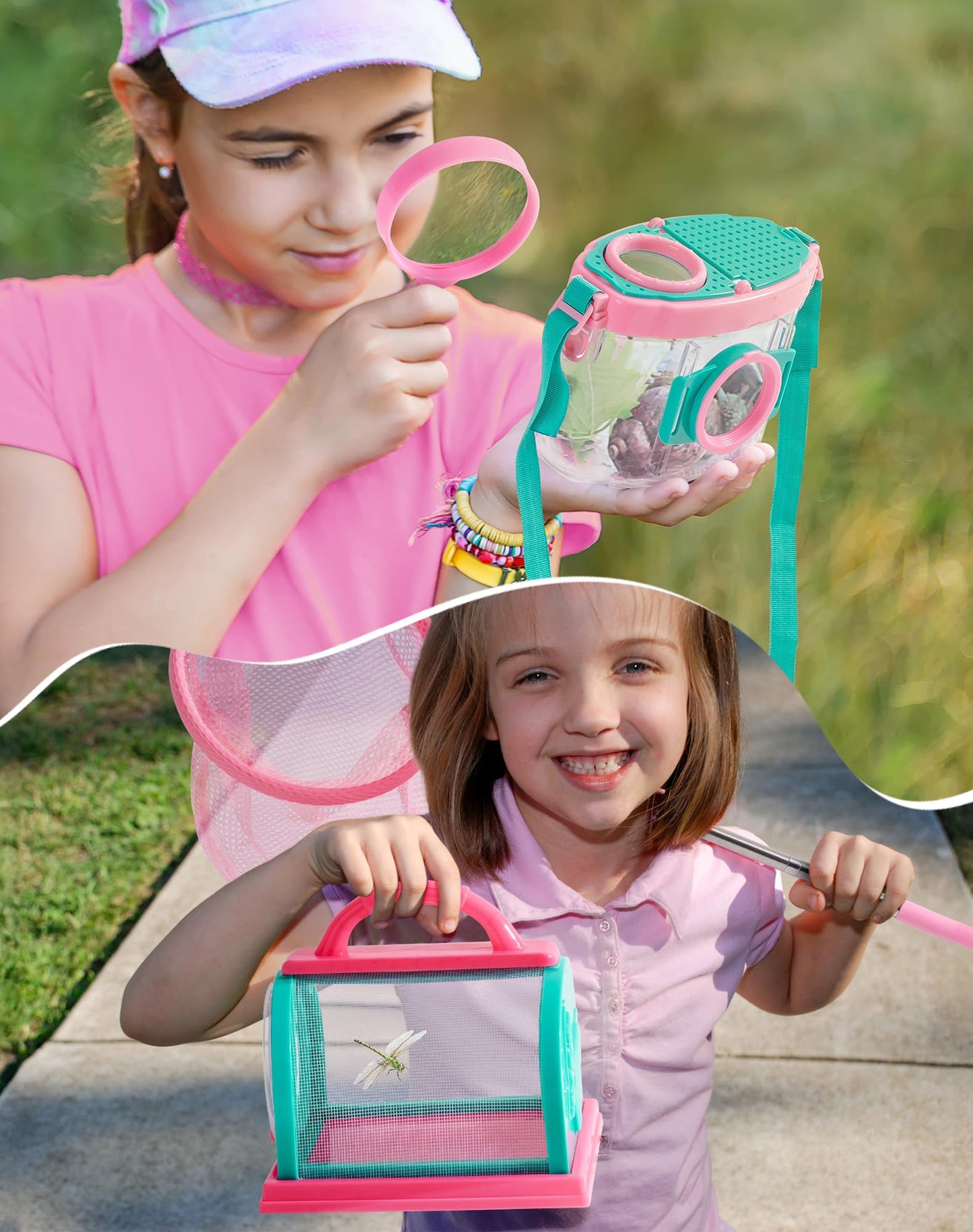 ROBUD Upgraded Bug Catcher for Kids, Bug Catching Kit with Bag Kit, Pink Outdoor Exploration Set for Camping, Montessroi Toy for Kids Coming Closer to Nature，WRP59