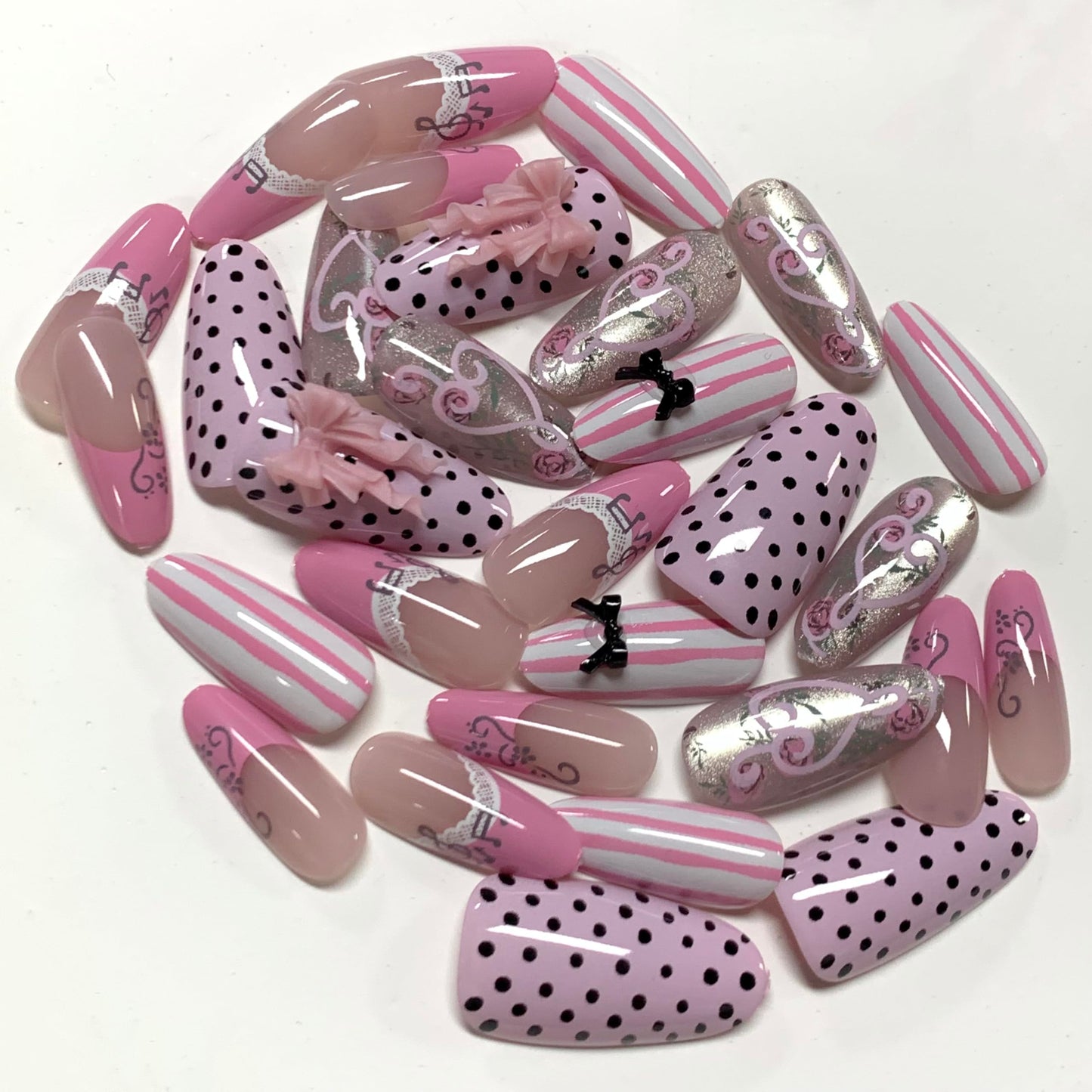 BABALAL Press On Nails, Medium Almond Fake Nails, Pink French Tip, Cat Eye Bling, Polka Dot & Bow Charm, Flower Kawaii Glue On Nails 24Pcs Reusable