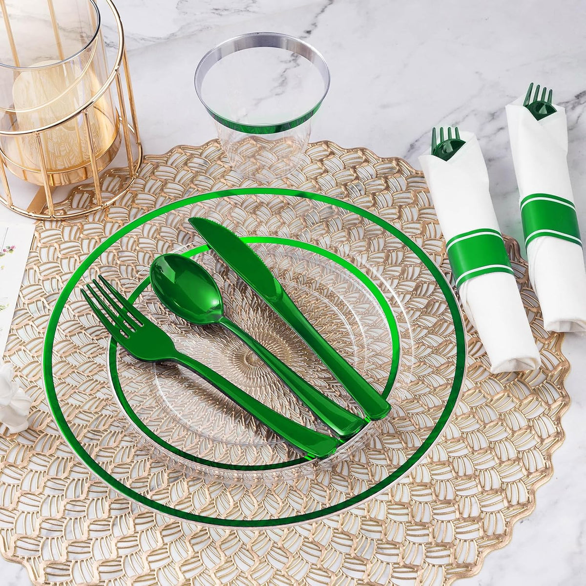 Goodluck 350 Piece Green Plastic Dinnerware Set for Party, Clear Disposable Plates for 50 Guests, Include: 50 Dinner Plates, 50 Dessert Plates, 50 Pre Rolled Napkins with Cutlery Set, 50 Cups