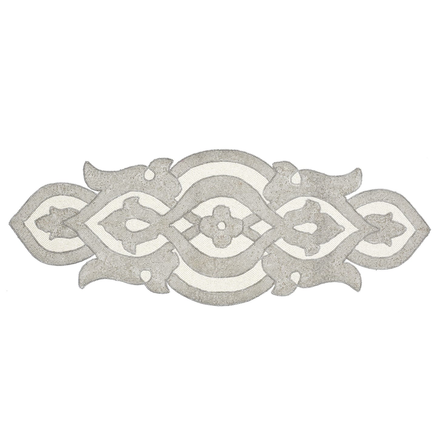 Lightnpro Beaded Table Runner Elegant Infinity Design - Handmade Glitz Table Décor for Weddings, Parties, Holidays, Gifting & Everyday Use - Decorative Centerpiece Accent - 13x36 Inch - Silver Ivory