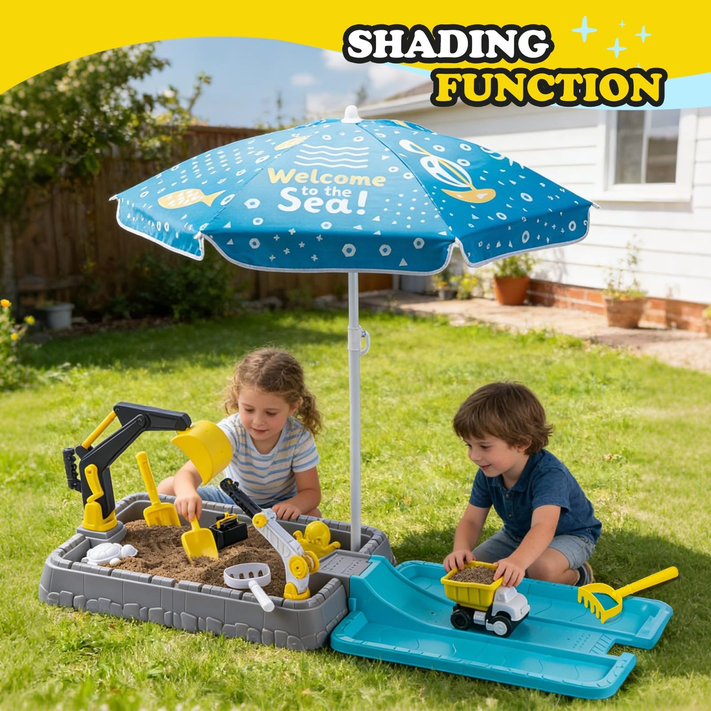 VROGTIK Kids Excavator Sandbox with Umbrella & Cover, Construction Sandbox Set with Beach Toys & Dump Truck, Outdoor Educational Play Set for Toddlers Ages 3-12