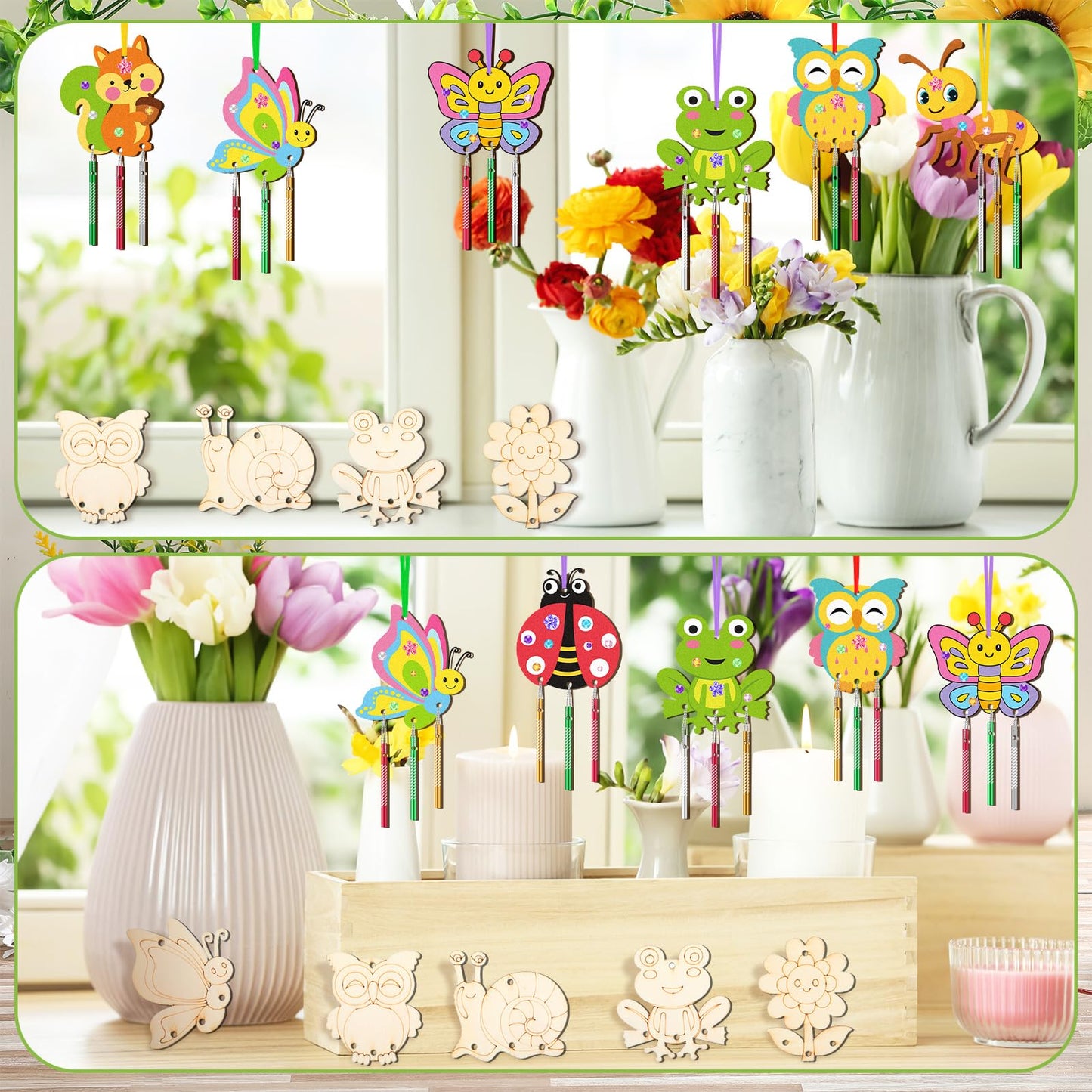 JellyArch 30 Pcs Spring Wind Chime Making Kit, DIY Wooden Spring Insect Craft Wind Chimes with Paint & Stickers, Craft Activity Creative for Church Party Windows Decoration