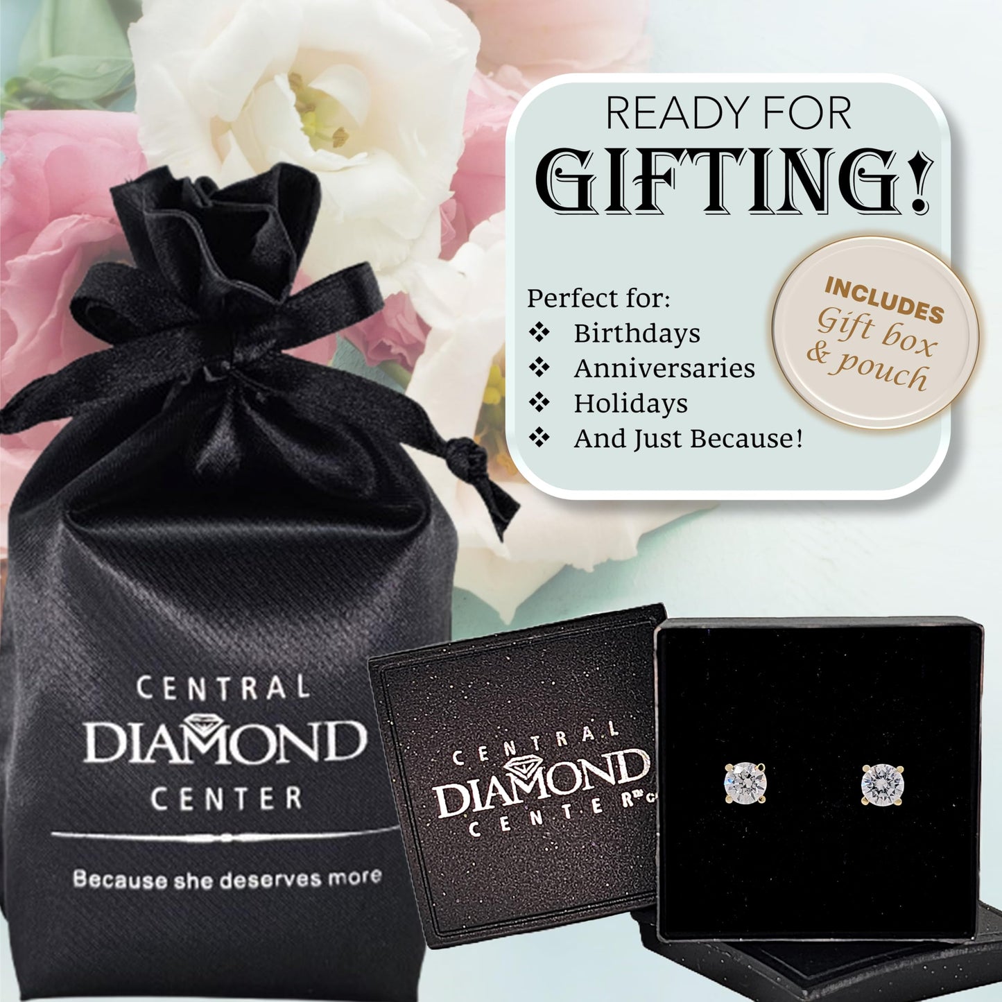 Central Diamond Center 14K Solid Gold Post & Sterling Silver Made with Swarovski 4 Prong CZ Stud Earrings - Yellow Gold Plated - 5.25mm - 1.00cttw