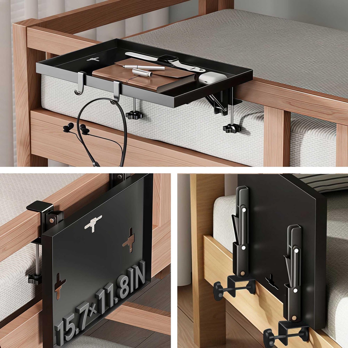 FelRelWel Foldable Bedside Shelf, Extra Large Floating Tray Table for Dorm Room & Bunk Bed, Side Table with 3 Cord Holes,College Dorm Room Essentials for Max 15.6" Laptops (15.7" x 11.8", Black)