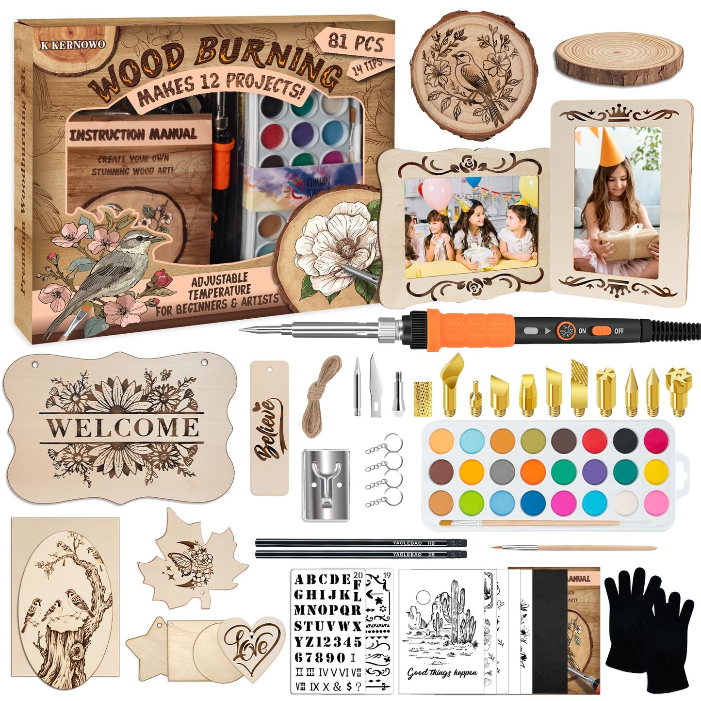 K KERNOWO Wood Burning Kit - 81Pcs All-in-One Wood Burning Tool Pen Adjustable Temperature Wood Burner Kit Crafts Gifts for Adults & Teens, Woodburning Kits for Beginner Pyrography