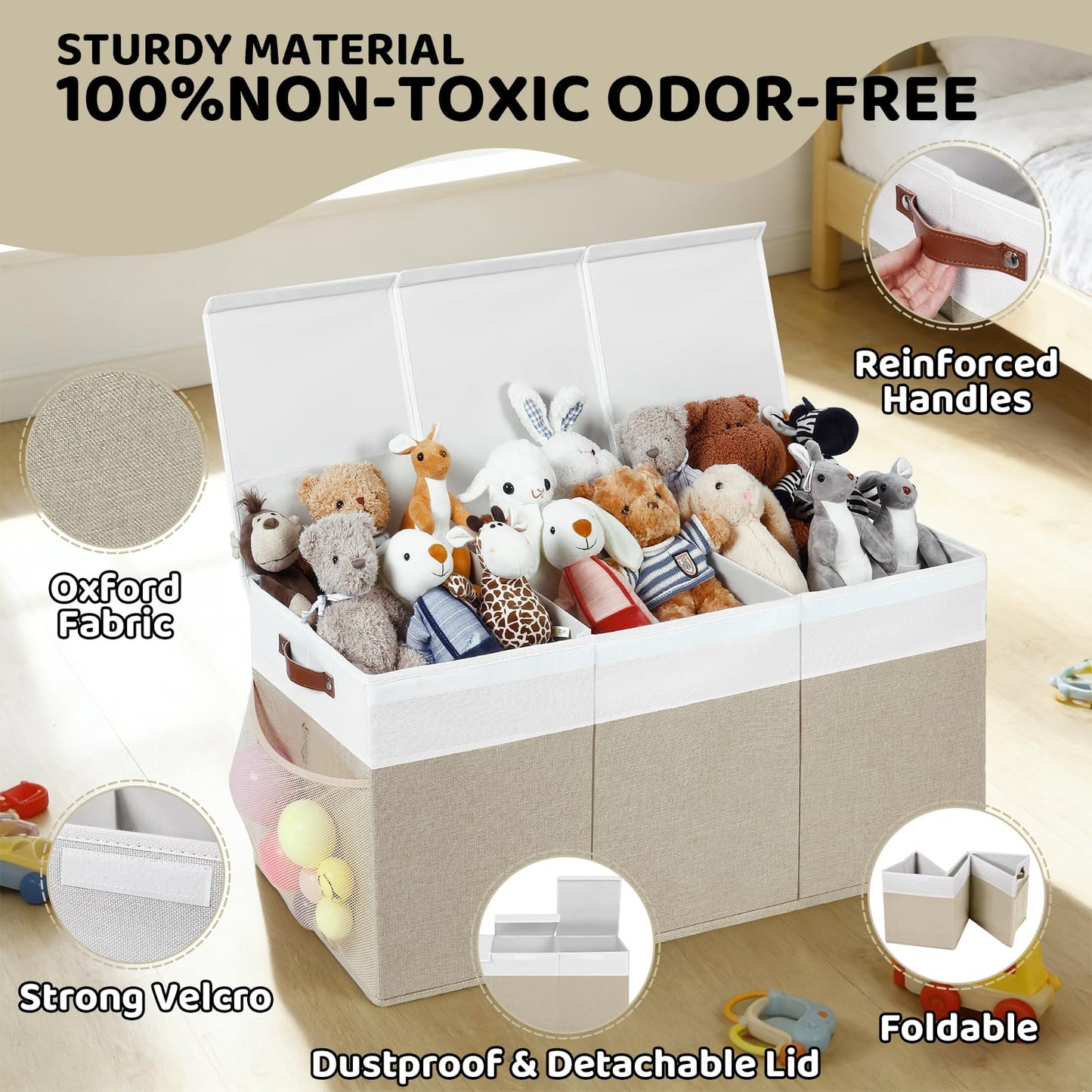 ISEMINGLA Extra Large Foldable Toy Chest with Lid,Collapsible Kids Toy Storage Box Organizer,Large Fabric Storage Bin for Nursery Playroom Bedroom Living Room,40”x18”x14”,White & Beige