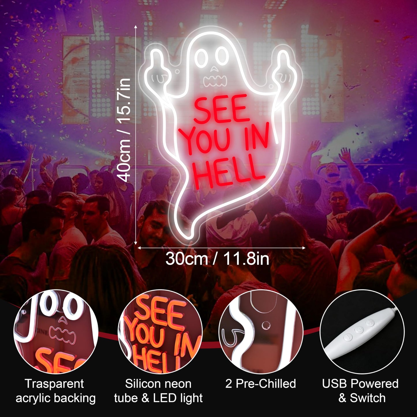 See You In Hell Neon Sign, Spooky Middle Finger Dimmable LED Sign for Wall Decor, Man Cave, Beer Bar, Home Bedroom Decoration