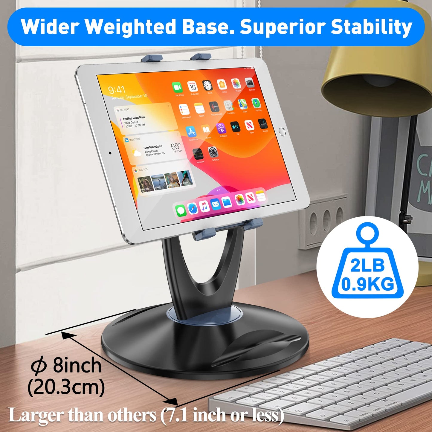 DeskLogics iPad Tablet Stand Holder for Desk - 6 inch to 13 inch - Stable, Adjustable - 360° Swivel Angle Pen Phone iPad Stand for Store, Retail Kiosk, Reception, Home Office, Gift Ideas - Black