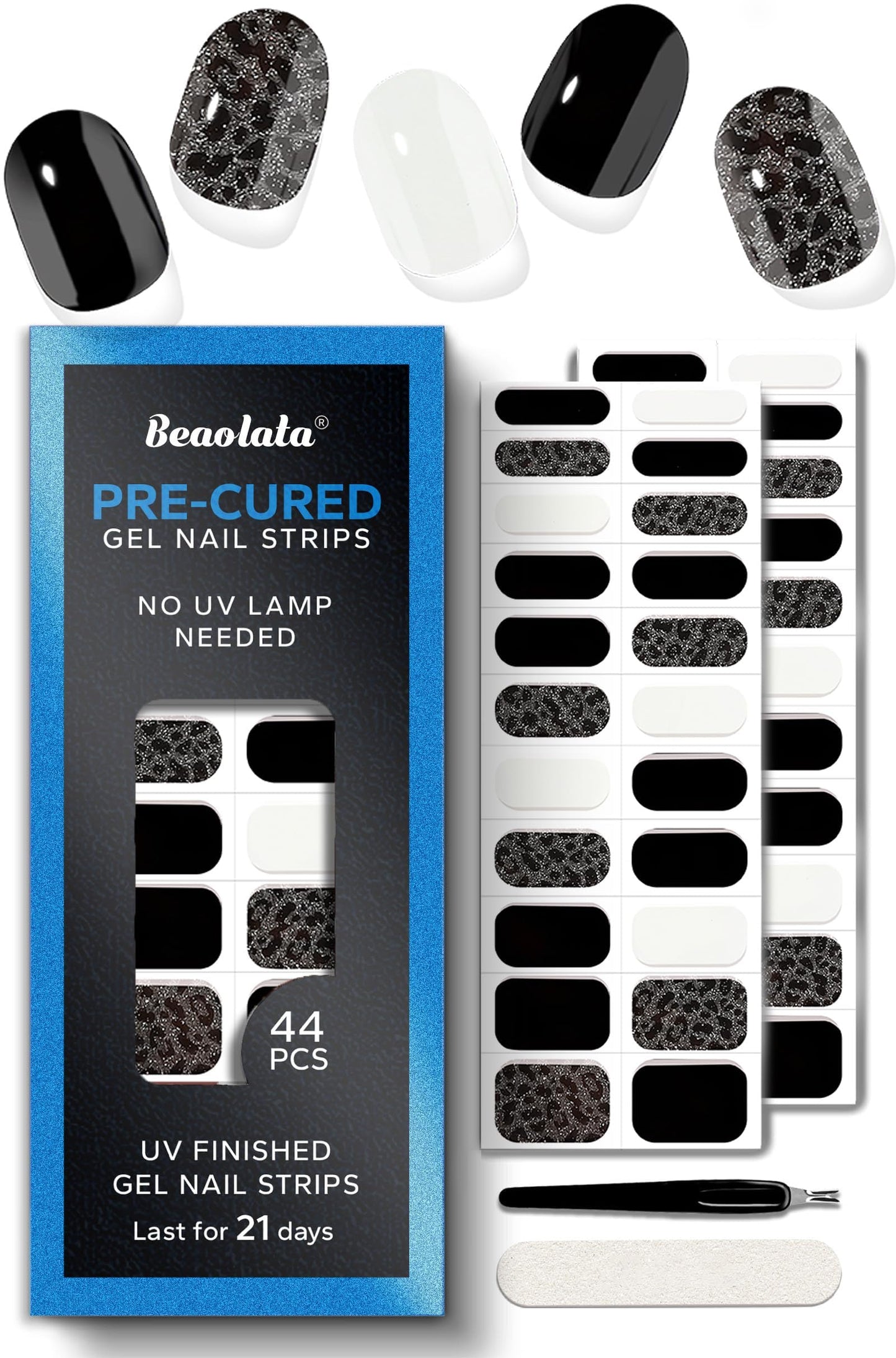 Beaolata Real Gel Nail Strips (No UV Light Needed) - 44Pcs Salon Quality Nail Stickers - Long Lasting Polish Wraps for Women, Easy Apply & Remove (Urban Black)