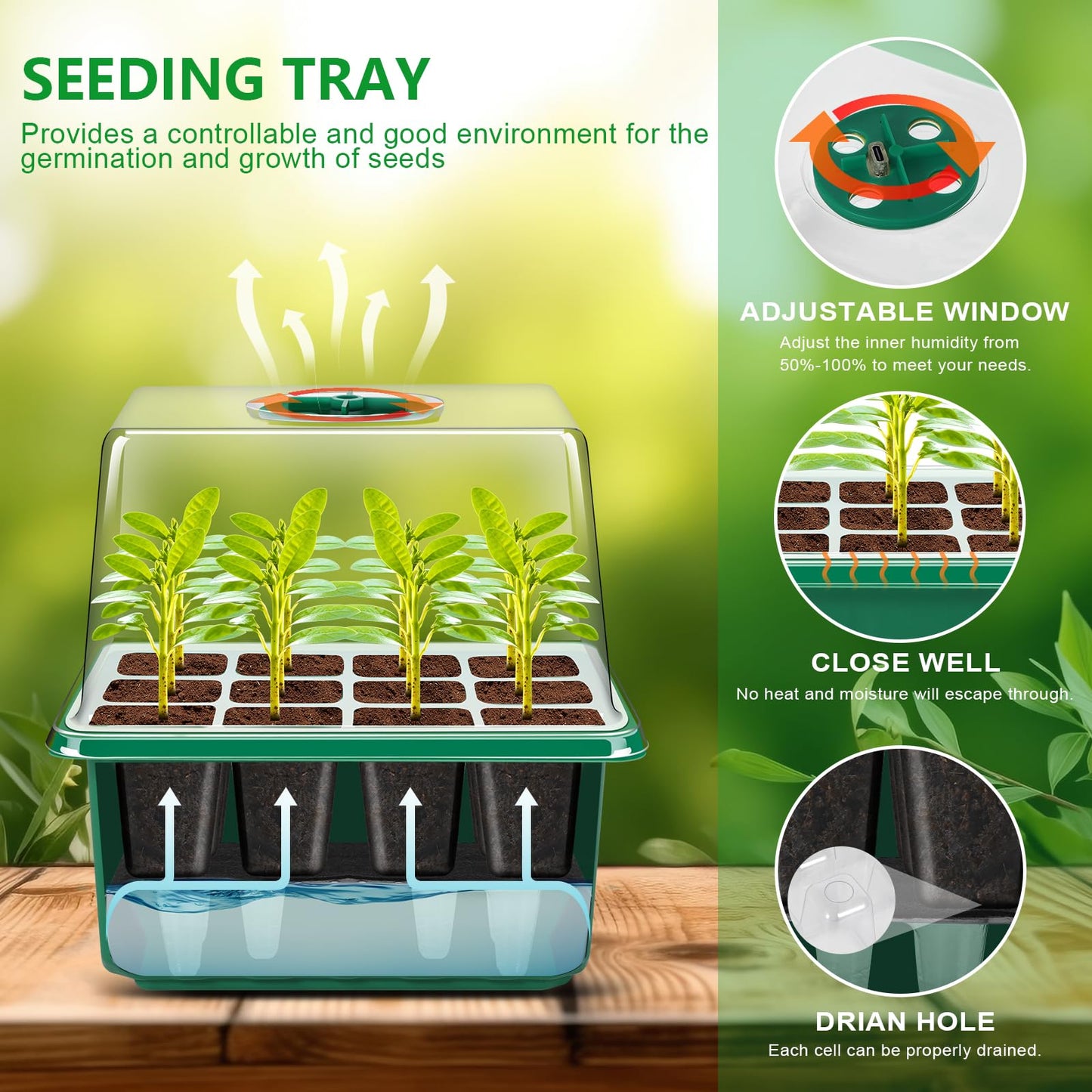 YAUNGEL Self-Watering Seed Starter Trays with Grow Light, 6-Pack 72-Cell Seed Starter Kit with Timing Controller Adjustable Brightness, Thicken Seed Starter Kit Humidity Dome Heightened Lids, Green