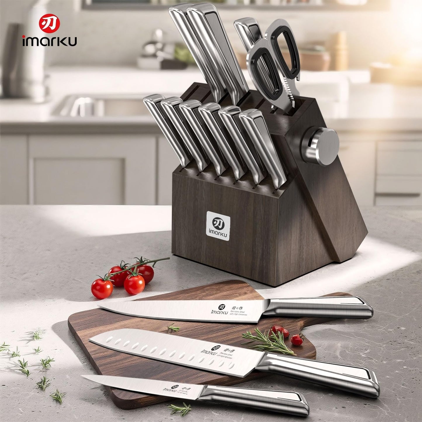 Knife Sets for Kitchen with Block imarku G14 Japanese Knife Set Stainless Steel Kitchen 14pcs, Built-in Sharpener, Sharp Knives with Non-slip Ergonomic Handle - Dishwasher Safe, Home Essential Gifts
