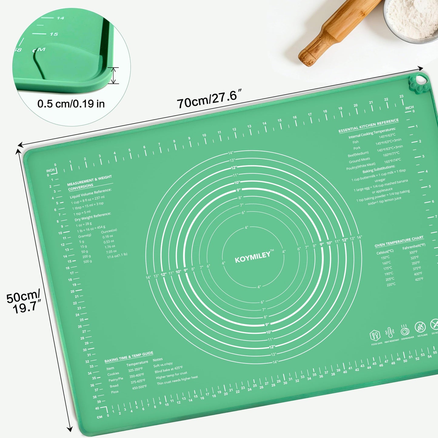 Extra Large Food Grade Platinum Silicone Pastry Mat 28 x 20, Non-Slip Non-Stick Baking Mat for Rolling Dough with 5mm Raised Edge, Measurements & Baking Guide for Bread, Pizza, Pie & Sourdough
