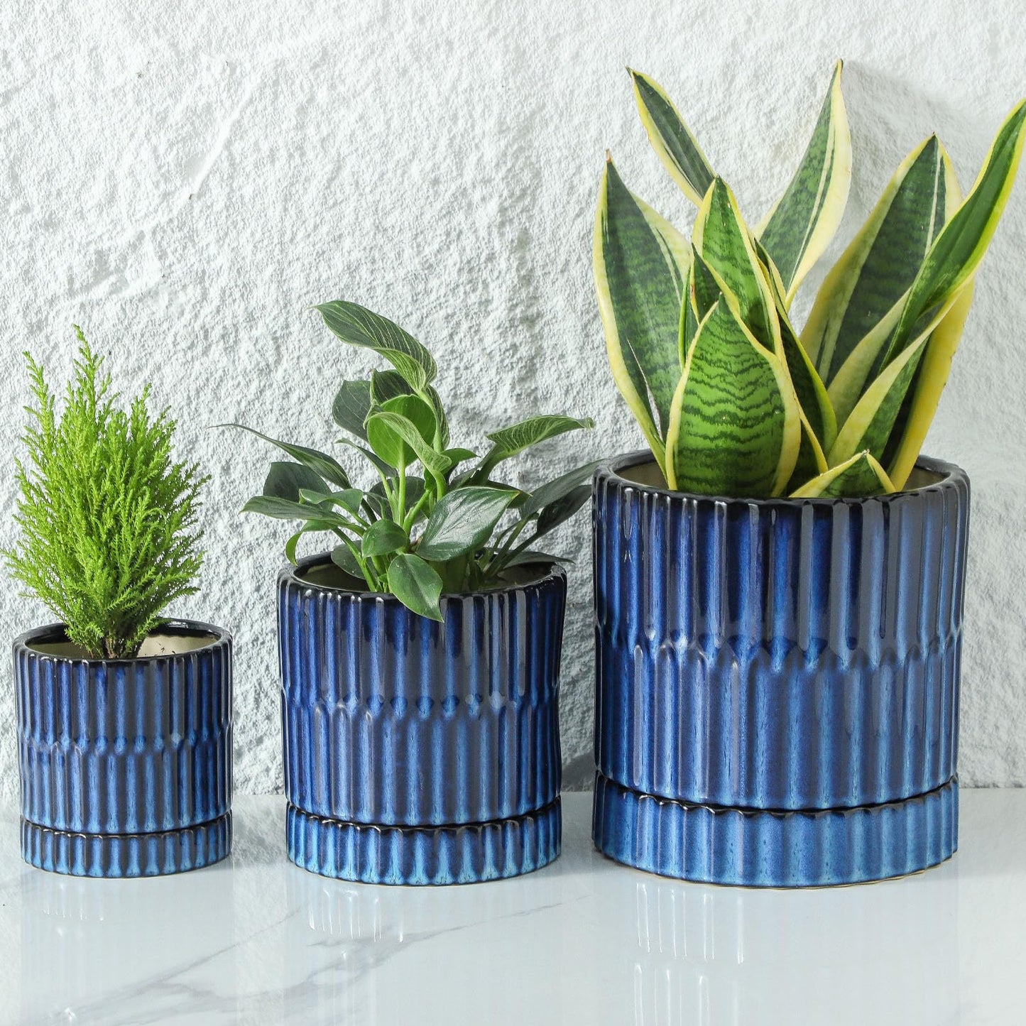 HASENSE Ceramic Plant Pots Set of 3 (8+6+4.6 Inch), Flower Planters with Drainage Hole and Saucer, Indoor Planter Pots for Succulents, Herbs, Ideal for Home Office Desktop Garden Decor(Blue)