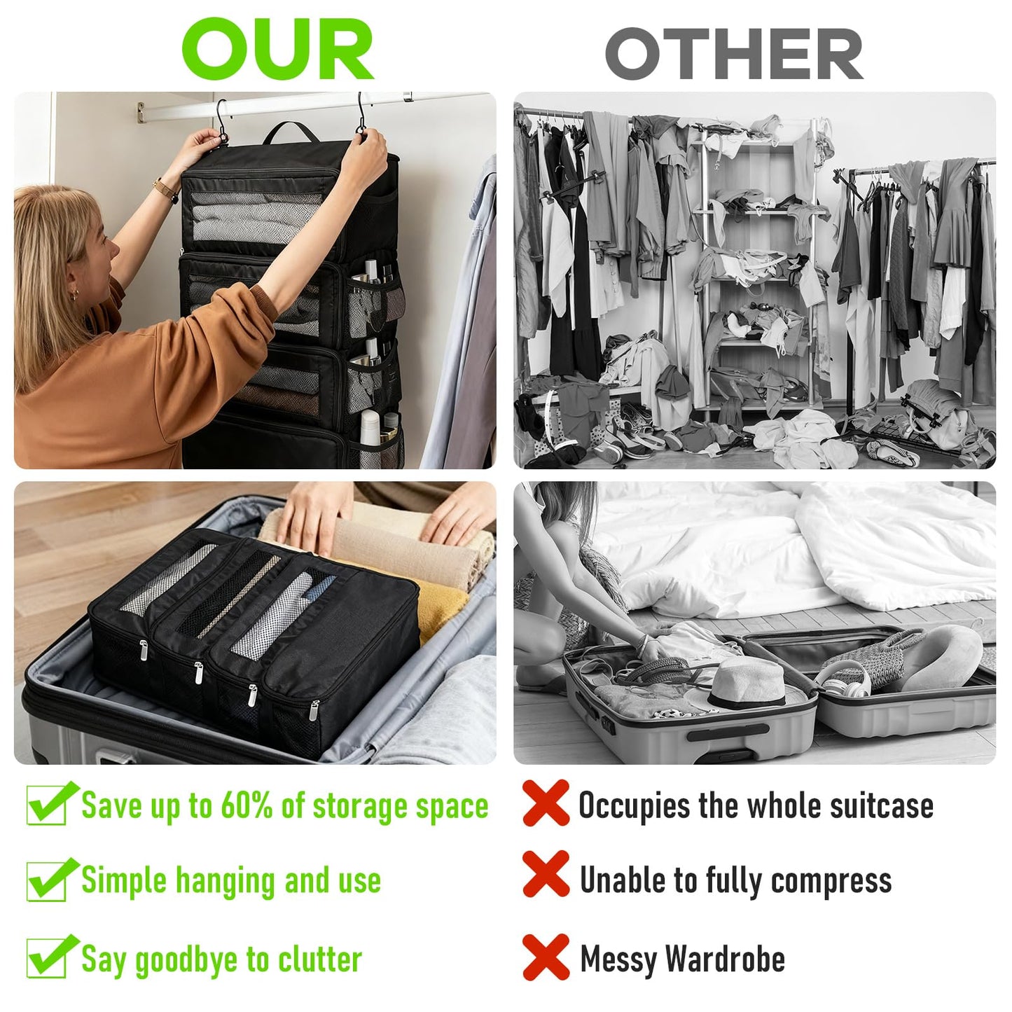 Klyyo Clyro Back to School Hanging Suitcase Organizer Black 4 Layer Dorm Room Clothes Storage Bag with Adjustable Hook Pack Hang Travel Organizer for College Dorms Summer Camp Closet