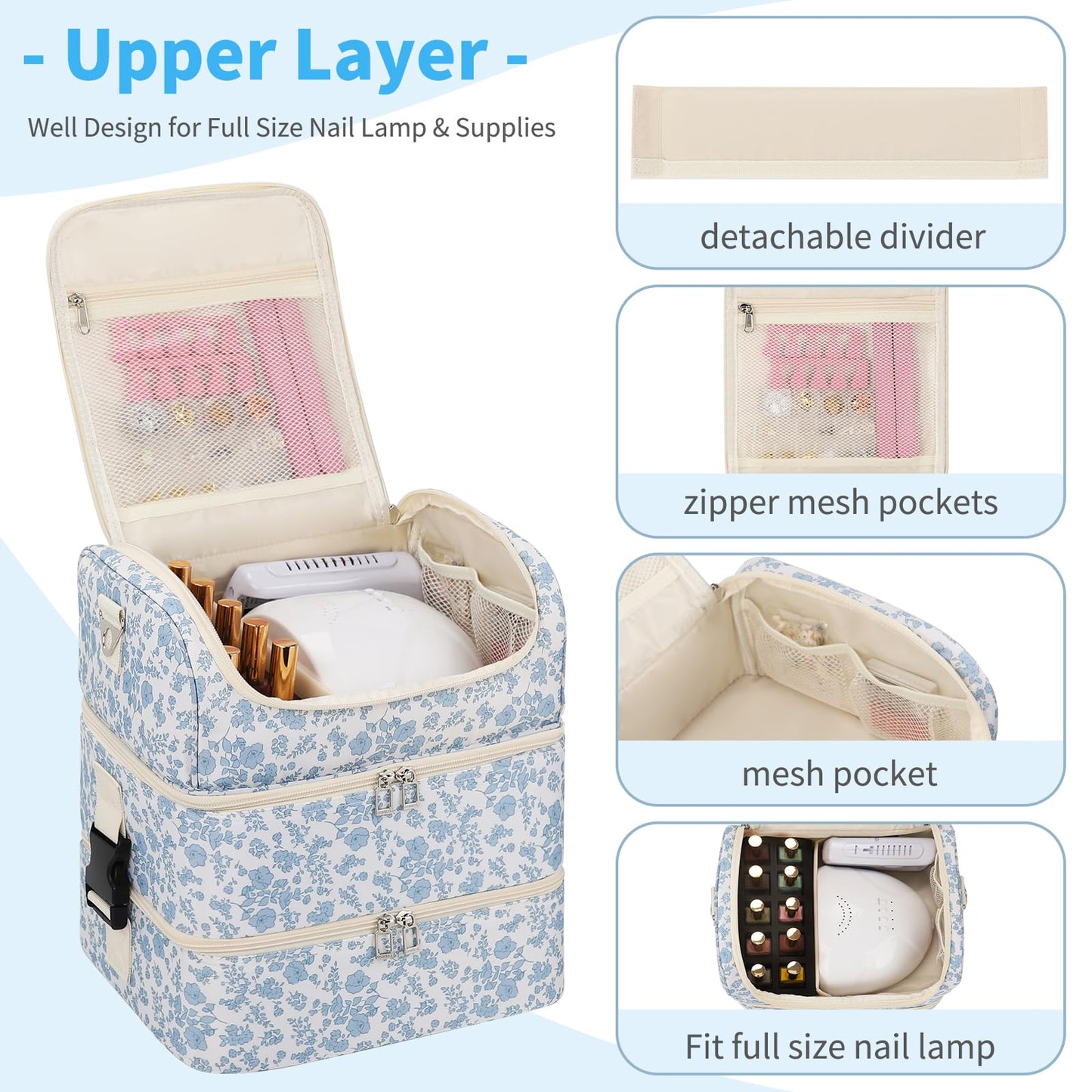 Extra Large Nail Polish Organizer - Three Layer Nail Organizers And Storage Bag, Portable Nail Supplies Organizer Case, Nail Tech Kit Travel Carrying Box with Shoulder Strap (Floral Blue, 86 Slots)