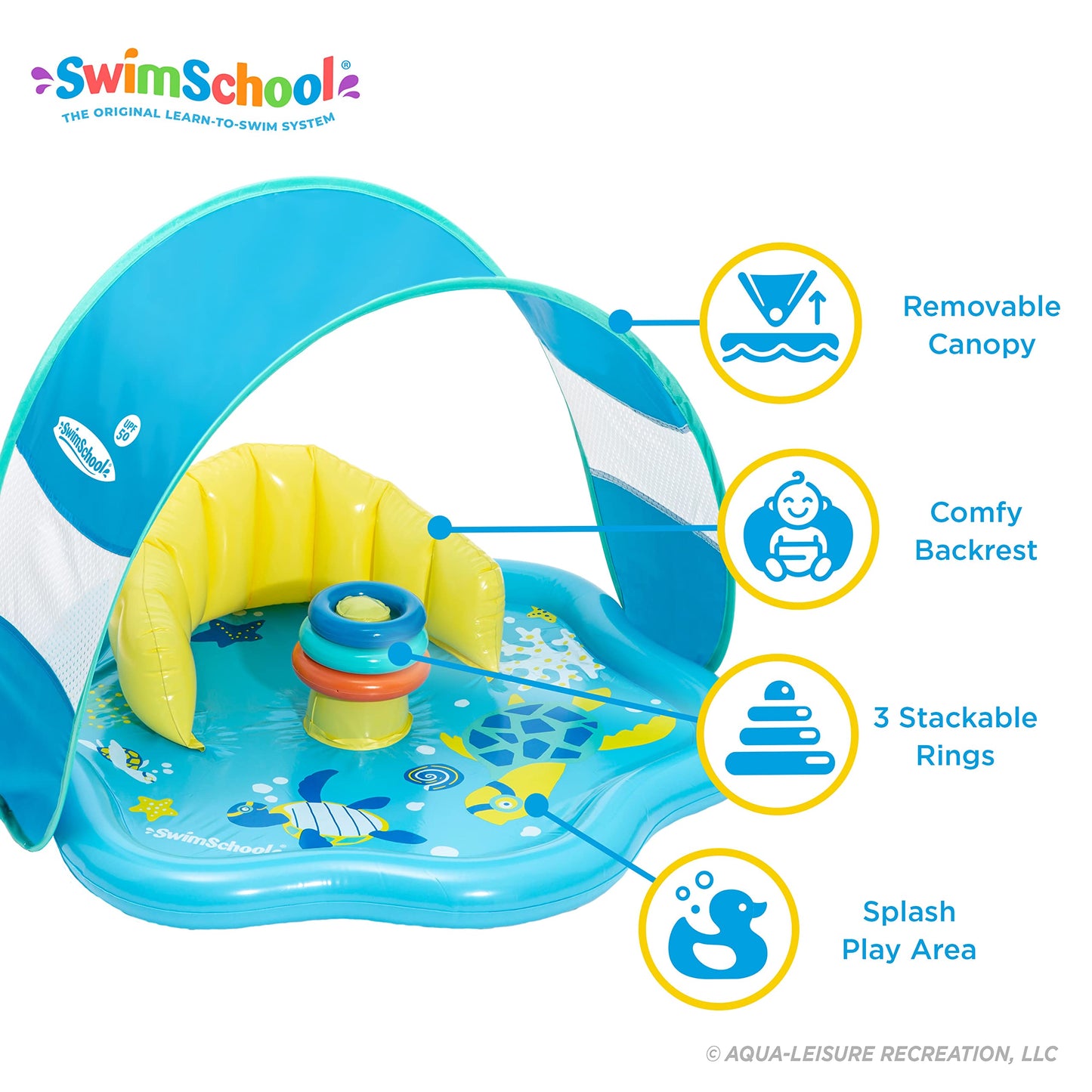 SwimSchool Baby Splash Play Mat with Adjustable Canopy – Inflatable Play Pool for Babies & Infants with Backrest – Includes Baby Water Toy Rings – Seafoam Blue Lemon