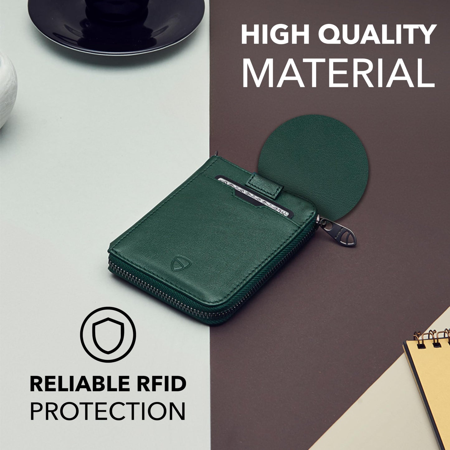 Vaultskin NOTTING HILL Minimalist Leather Zipper Wallet for Women and Men: Slim Multi Cardholder with RFID Blocking and Keychain Ring (Green)