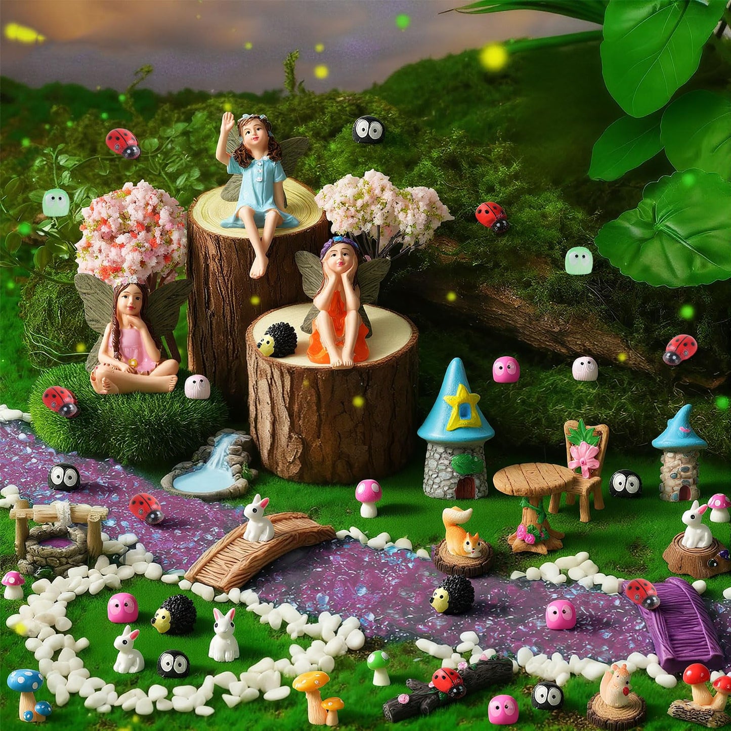 FCKLVMC 101 Pcs Resin Miniatures Figures Fairy Garden Kit, Fairy Garden Accessories Outdoor for DIY Dollhouse Micro Landscape