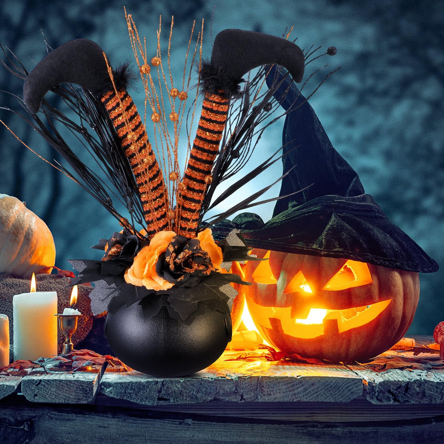 Amyhill Halloween Decoration Table Artificial Flower Glitter Halloween Witch Boot Tabletop Decor Centerpieces Cauldrons Fake Flowers Halloween House Haunted Decor for Home Party Decor 13 x15.7 Inches