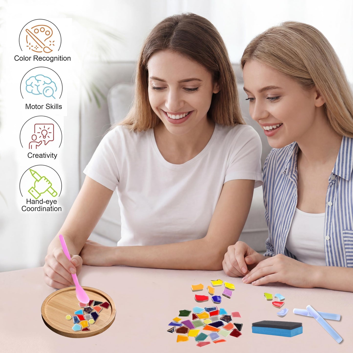 Nuyoach DIY Mosaic Coaster Kits for Adults Craft,2 Sets Ceramic Arts and Crafts Tile Kit with Wooden Coasters,Glass Mosaic Adult Craft Kits for Women Seniors Handmade Gifts Home Decor