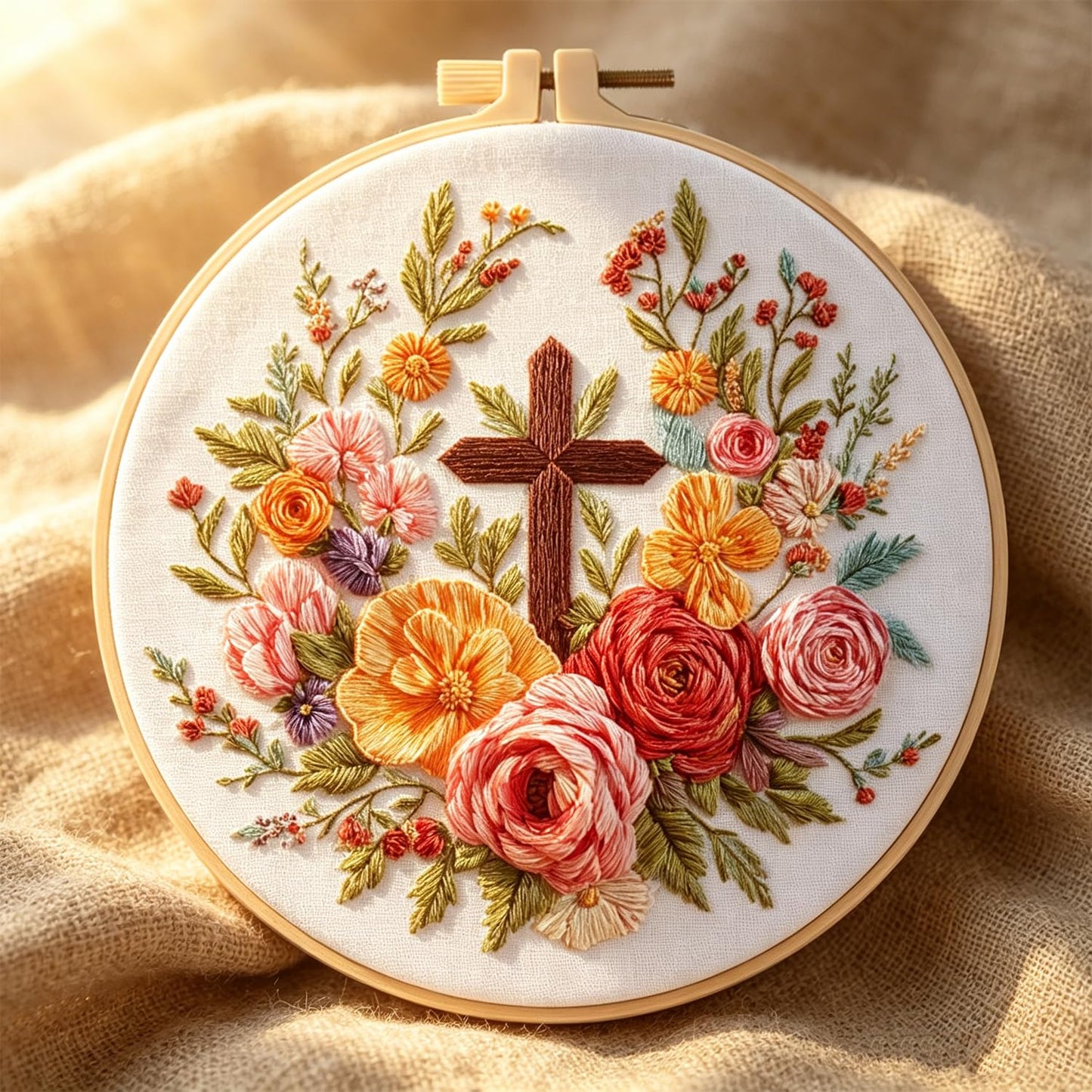 ZGEZGE Cross and Flower Embroidery Beginner Kit – Christian Embroidery, Includes Embroidery Hoop, pre-Printed Cotton Fabric, Scissors, Threader, and unraveler – Easter Gifts and Home Decor