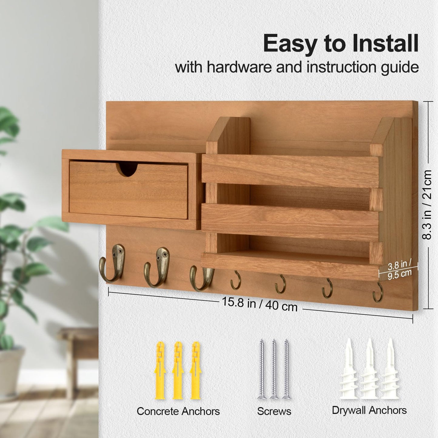 Lwenki Wall Mount Key Holder with Mail Organizer, 100% Paulownia Wood, 7 Metal Hooks, Storage Drawer, Entryway Home Decor