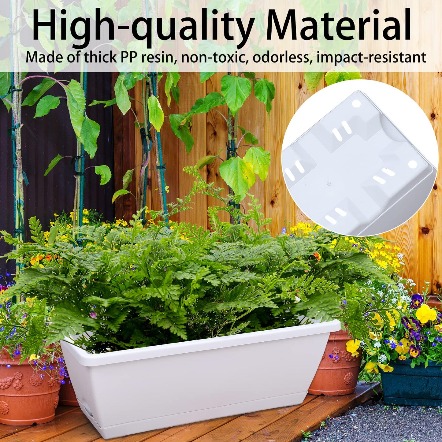 CHUKEMAOYI Window Box Planter, 7 Pack Plastic Vegetable Flower Planters Boxes 17 Inches Rectangular Flower Pots with Saucers for Indoor Outdoor Garden, Patio, Home Decor (White)