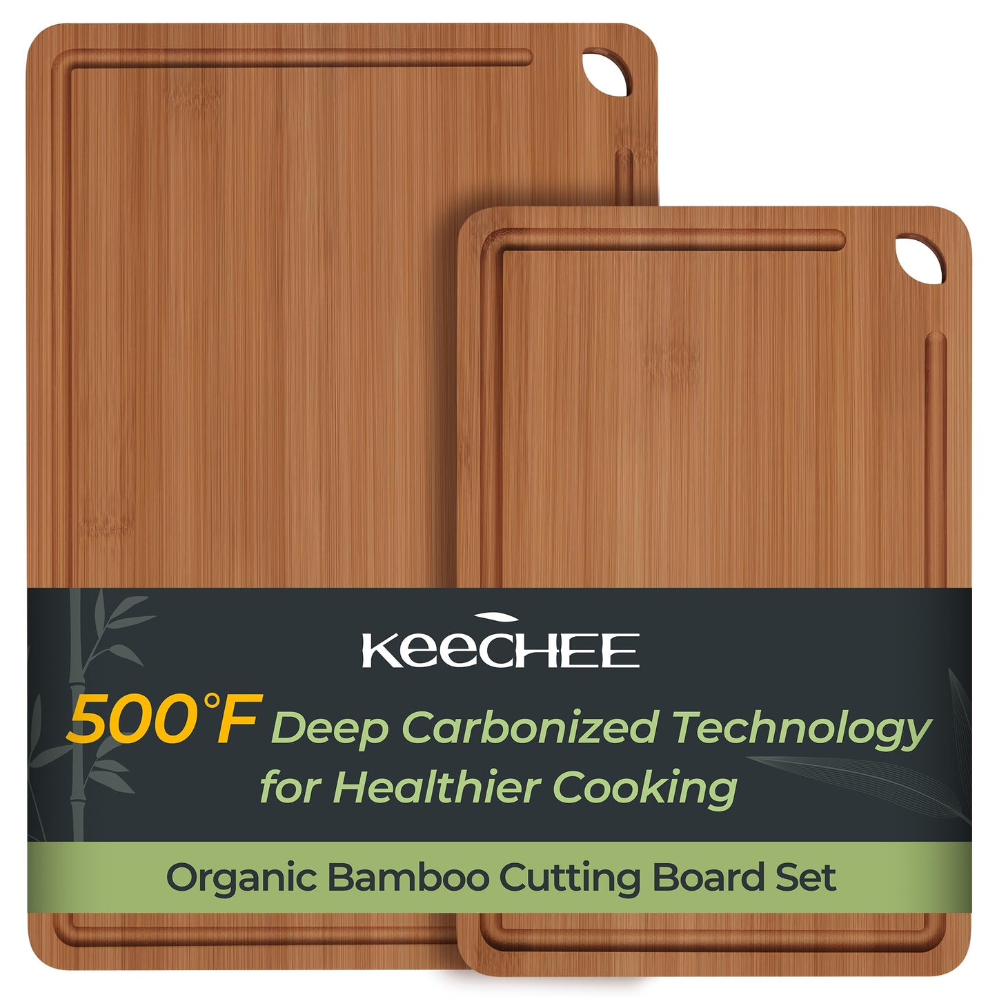 Keechee Butcher Block 2-Pcs Carbonized Bamboo Cutting Board Set With Juice Groove For Meal Prep & Cheese Serving - Ideal Kitchen Gift Set of 2 (M+L)