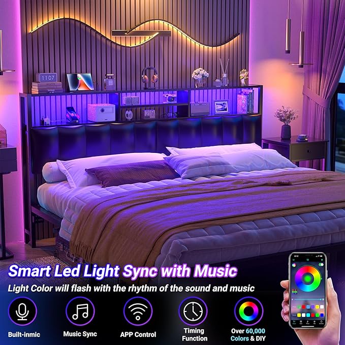 Aheaplus Headboard for King Size Bed with Storage, Upholstered Headboards with Outlets, USB Ports and LED Light, Reversible King Size Head Board, Height Adjustable, Comfortable Headboard, Black